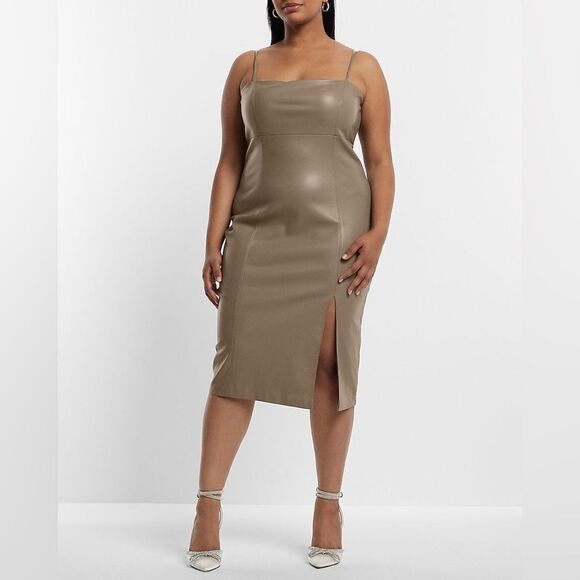 Express Dresses & Skirts - Express Tan Body Contour Faux Leather Cami Strap Midi Dress